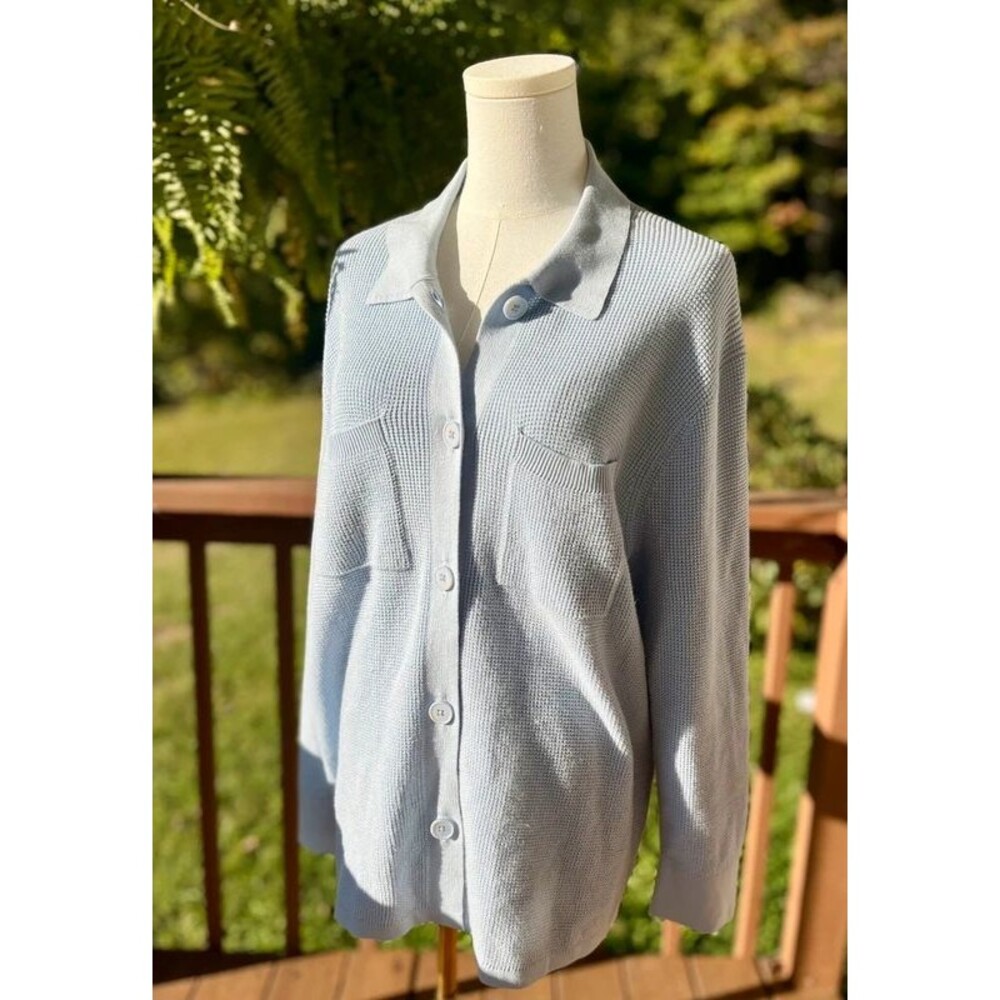 Margaret O’Leary 100% Cotton Textured Knit Shirt Jacket Cardigan Blue